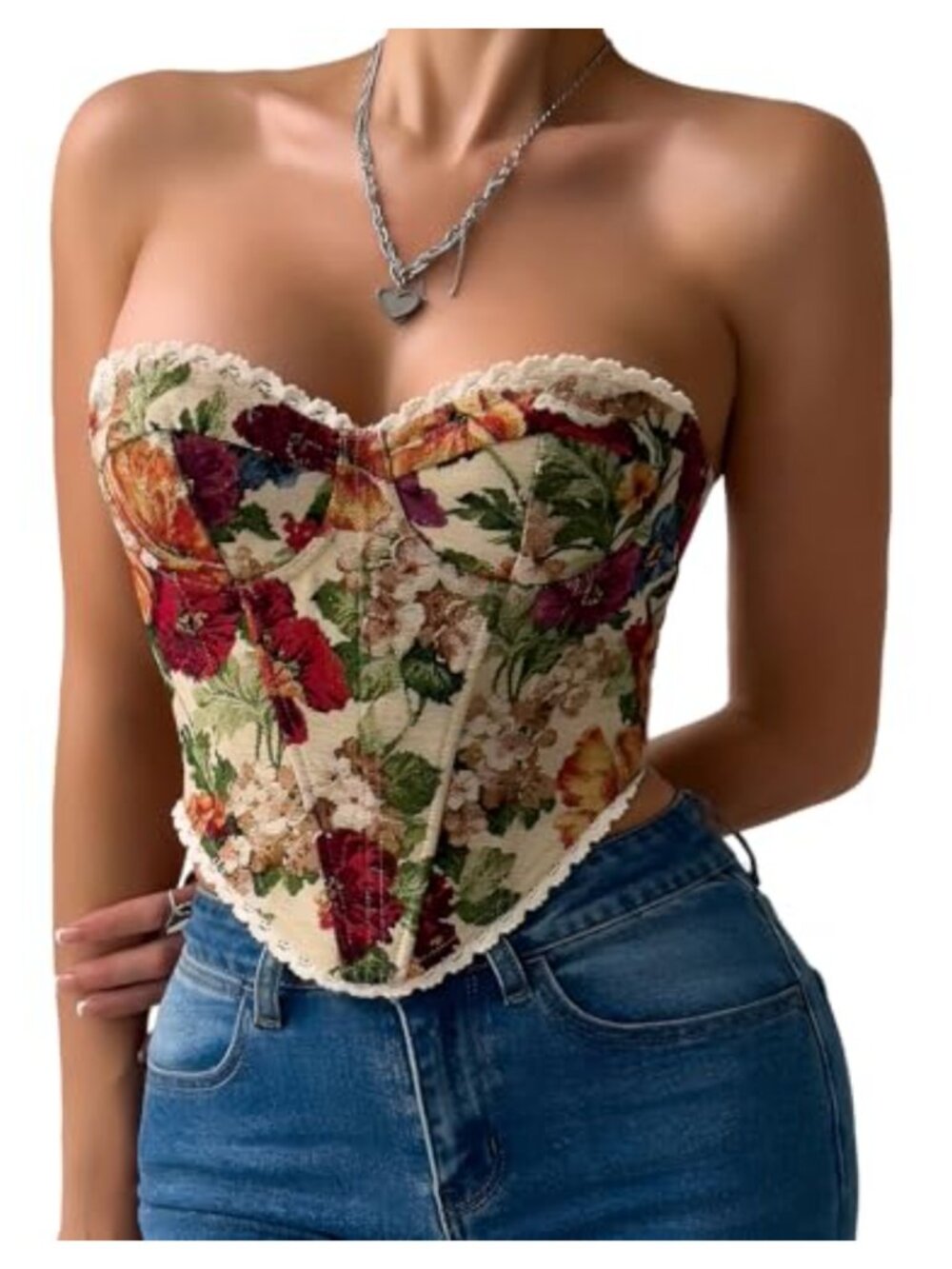 Women Renaissance Corset Top Lace Up Overbust Bustier Vintage Floral Bodice
